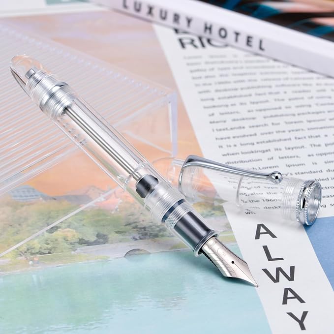 Asvine V800 Fountain Pen - Vacuum Filling System with Large Ink Capacity - Smooth Number 8 Medium Nib with Gift Case and Wrench - Clear Silver Acrylic