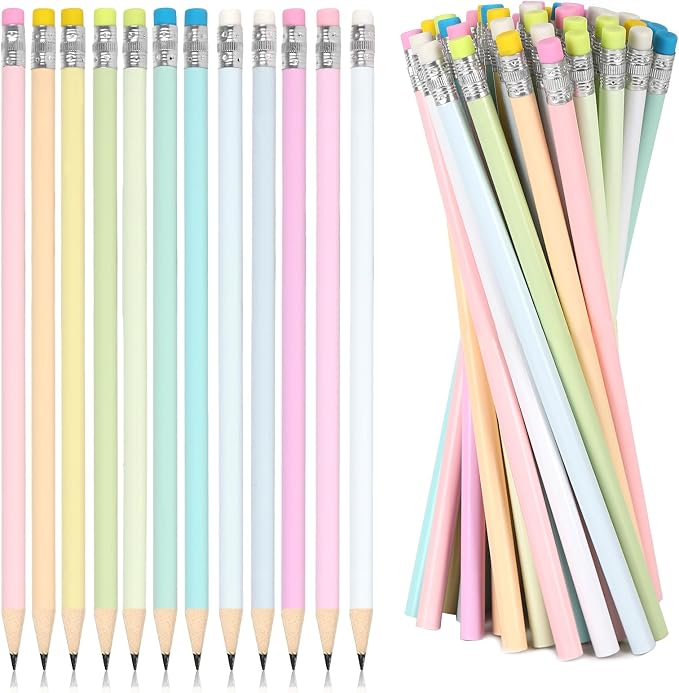 Whaline 48Pcs Pastel Color Pencils with Erasers Back to School Colorful Wooden Pencil Unsharpened Writing Drawing Pencil for Students Graduation School Office Stationery Gift