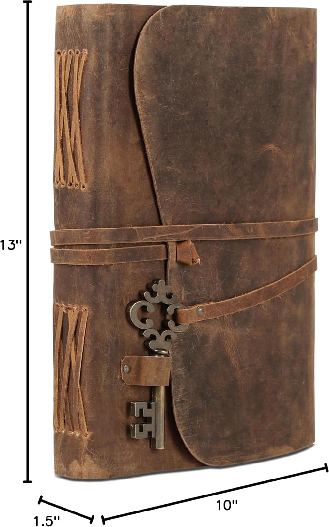 Leather Journal with Deckle Edge Paper 8x6 inch and Vintage Key | Handmade Writing Notebook Diary | Bound Daily Notepad for Men & Women Medium, Sketch/Writing pad for Artists