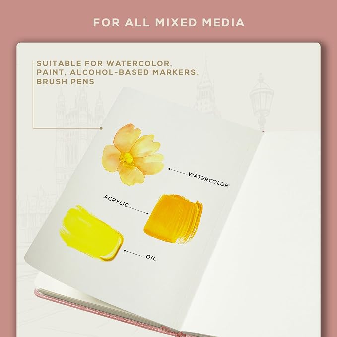 Beechmore Books 300 GSM Heavyweight Mixed Media Sketchbook A5 5.8"x8.3" - 96 Pages, Vegan Leather Hardcover Professional Art Journal for Paintings, Gouache and Ink