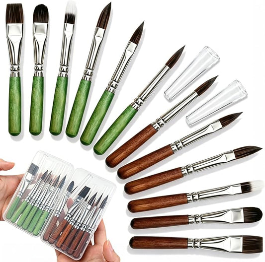 Travel Watercolor Brush Set 2 Packs | Pocket Short Handle 12pcs Travel Brushes w/Extender & Case for Watercolor Acrylic Ink,Gift for Couples Family Friends