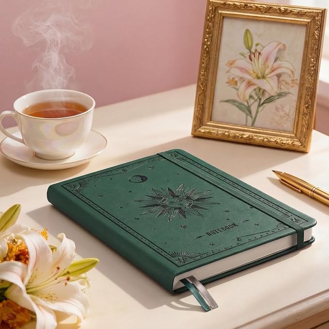 EMSHOI Dotted Journal Notebook, 192 Pages, A5 Size (5.7'' x 8.3'') | Leather Hardcover, 100 GSM Thick Paper, for Journaling, Planning, Tracking & Sketching, Sun Debossed (Dark green)