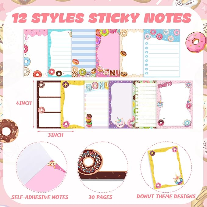 Chiisong 12 Pieces Cute Sticky Notes Gifts Donuts Sticky Notes Donut Party Favors 3x4 Inch Fun Kawaii Adhesive Notepads Cartoon Memo to Do List for Birthday Return Gifts Reward Office Home Supplies