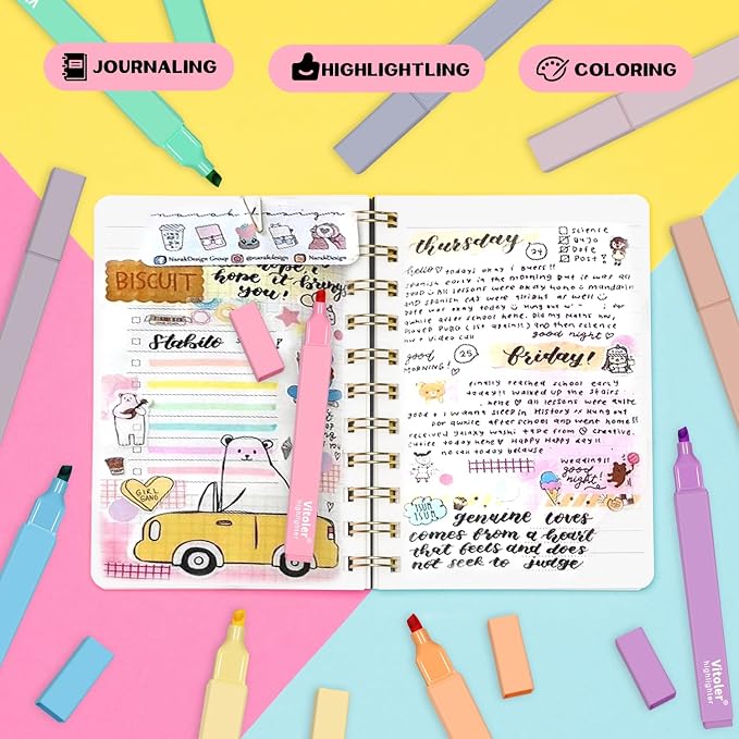 Vitoler 10Pcs Aesthetic Highlighters, Chisel Tip Marker Pens,Assorted Color Candy Highlighters,No Bleed Bible Highlighter,Cute Pastel Highlighter for Journaling Planner Notes School Supplies | Low Bleed on Standard Paper, Quick-Drying, Non-Toxic, for B...