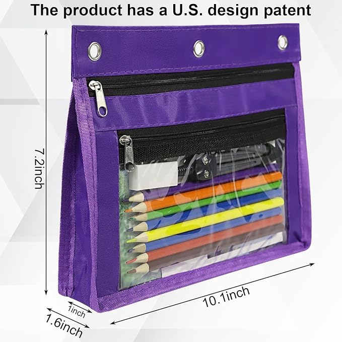 YoeeJob 2 Pack 1 Inch Expandable Zipper Pencil Pouches with Clear Window for 3 Ring Binder, Suitable for School & Office (Purplek)