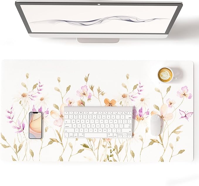 Colorful Star Floral Waterproof Office Desk Mat, 31.5" x 15.7" | Non-Slip Large Computer Gaming Mouse Pad, XXL PC Laptop Protector Pads, PU Leather Desk Writing Pads for Office Home