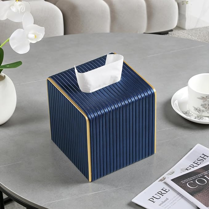 Square PU Leather Tissue Box Cover with Magnetic Closure, Decorative Tissue Holder & Storage Container for Bedroom, Living Room, Dining Room, Bathroom, Countertop, Desk (Square Blue)