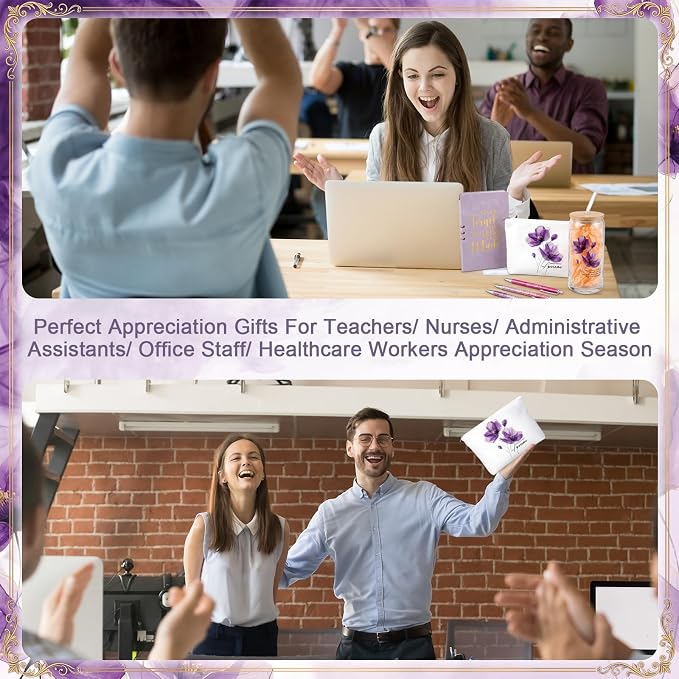 Funnymoom 6 Pcs Appreciation Gifts Set for Women Back to School Teacher Gifts Employee Thank You Gift with 17 oz Glass Tumbler Journal Pens and Pouch for Coworkers Educators,Floral,Purple
