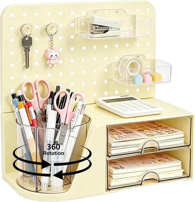 Desk Organizer with 360° Rotating Pen Holder, 5 Slots, 2 Drawers & Pegboard for Office School Art Supplies (Cream)