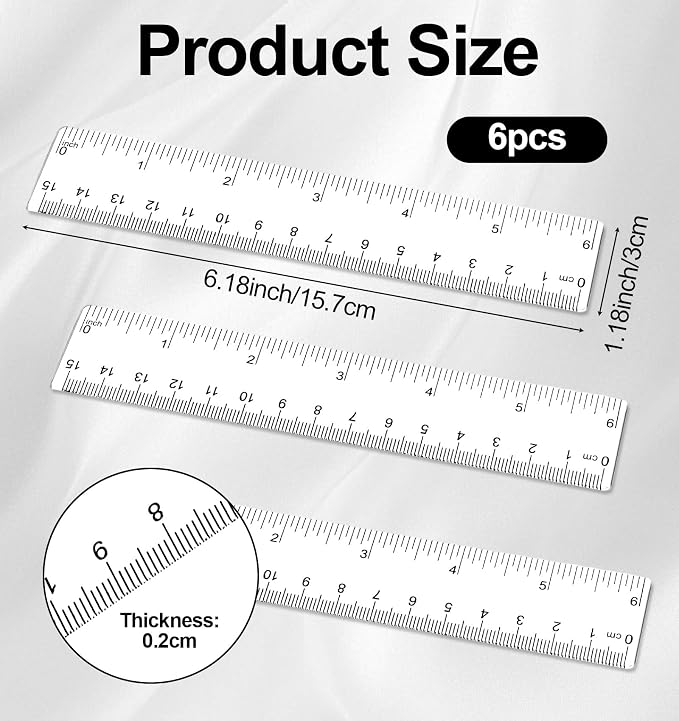 6 Pack 6 Inch Ruler Plastic, 15cm Clear Ruler, Portable Shatterproof Plastic Drafting Measuring Ruler for Classroom Home Daily Use | Ruler 6 Inch Plastic