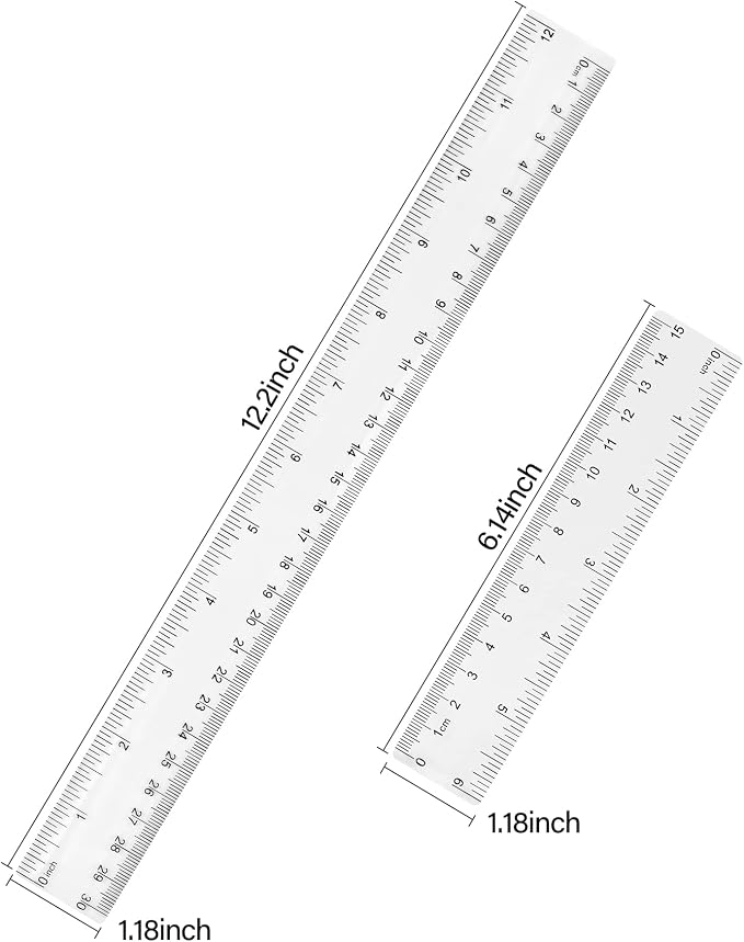 Unjoo Clear Plastic Ruler 6 Inch+12 Inch Straight Ruler, for School, Office | Shatterproof Rulers, with Inches and Centimeters, Easy-to-Read Markings, Plastic Drafting Measuring Ruler