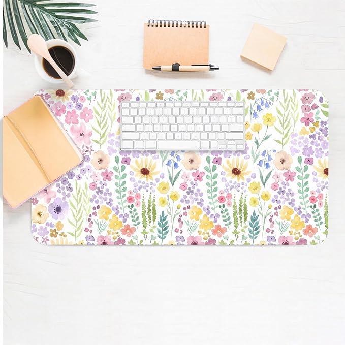 Flower Large Mouse Pad, Floral Desk Matt for Desktop, PU Leather Waterproof Desk Pad, Computer PC Laptop Protector Gaming Mouse Pads for Women Office Decor (27.5" x 13.8")