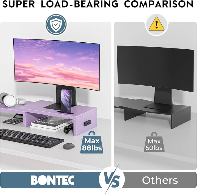 BONTEC Dual Monitor Stand Riser with Smartphone Holder, Adjustable Length & Swivel Angle, Ergonomic Wooden Desktop Organizer for PC Monitor, Laptop, Printer, Large Storage, 42.5 in, Purple