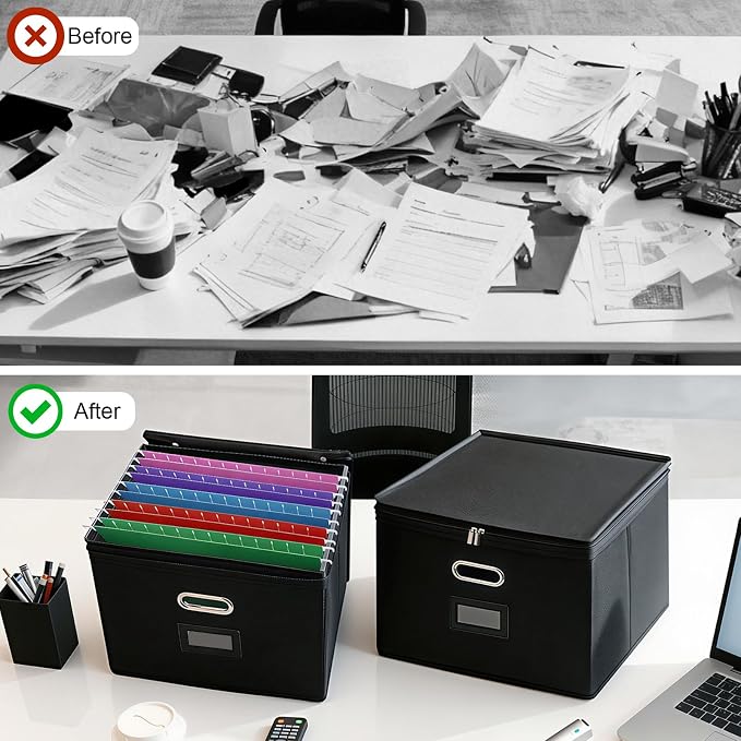 4 Pack File Organizer Boxes with Lids, Collapsible Document Storage Bin with Mesh Pockets & Zipper, Fits Letter/Legal Size Folders for Home Office Classroom Organization (Black, No Folders)