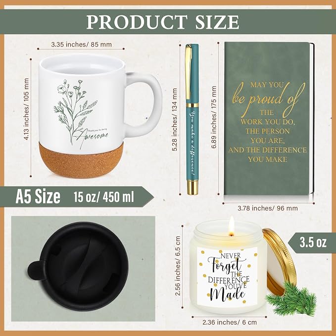 Sayglossy 4 Pcs Thank You Gift Set for Women Men Back to School Teacher Appreciation Gift Leather Notebook Inspirational Coffee Mug Scented Candle Ballpoint Pen for Employee Coworker Nurse Boss, Green