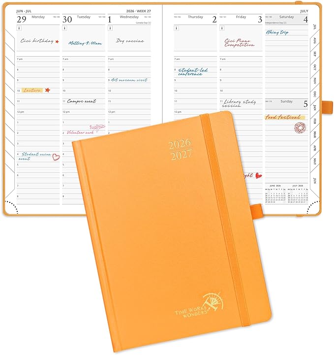 POPRUN 2026-2027 Academic Planner, 6.5" x 8.75", Weekly and Monthly Calendar, July 2026 to June 2027, Hardcover Appointment Book with Vertical Layout, Hourly Time Slots, Monthly Tabs - Orange