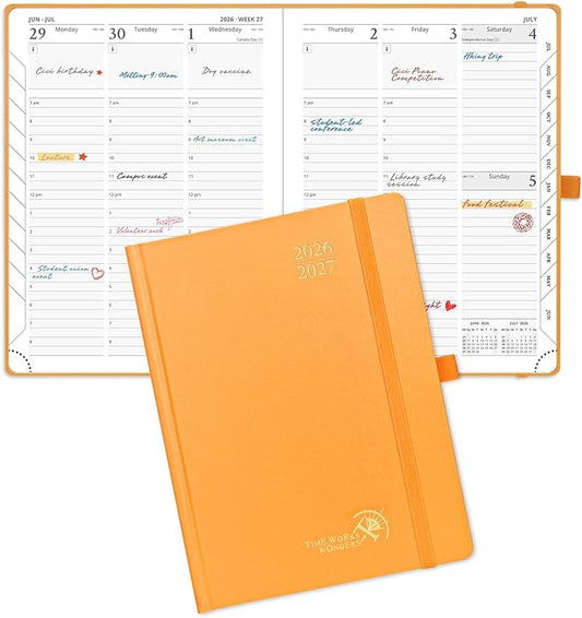 POPRUN 2026-2027 Academic Planner, 6.5" x 8.75", Weekly and Monthly Calendar, July 2026 to June 2027, Hardcover Appointment Book with Vertical Layout, Hourly Time Slots, Monthly Tabs - Orange
