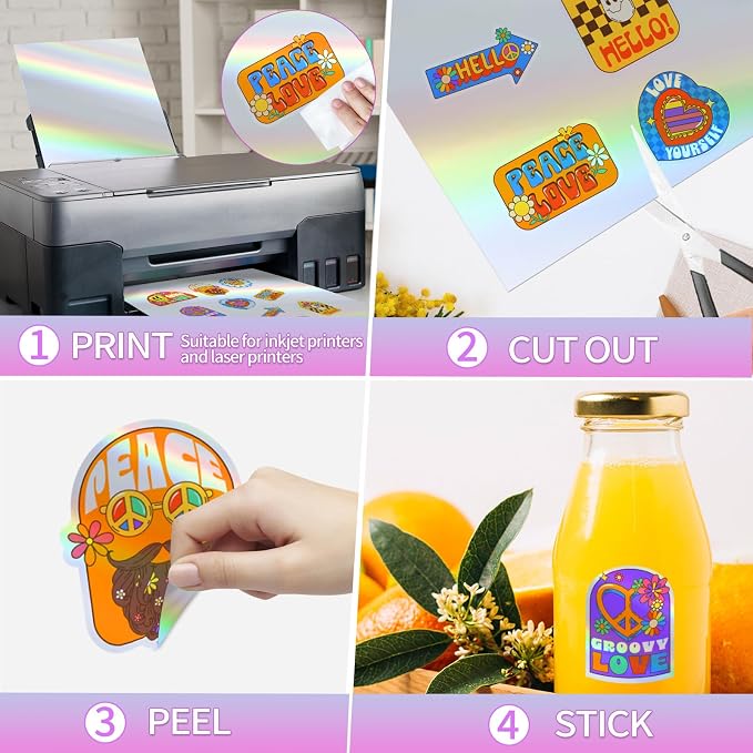 STARLIBOO 25 Sheets Holographic Sticker Paper for Inkjet&Laser Printer, Printable Vinyl Sticker Paper Waterproof Self-Adhesive (8.5" x 11"- Laser Tilted Light Beam)