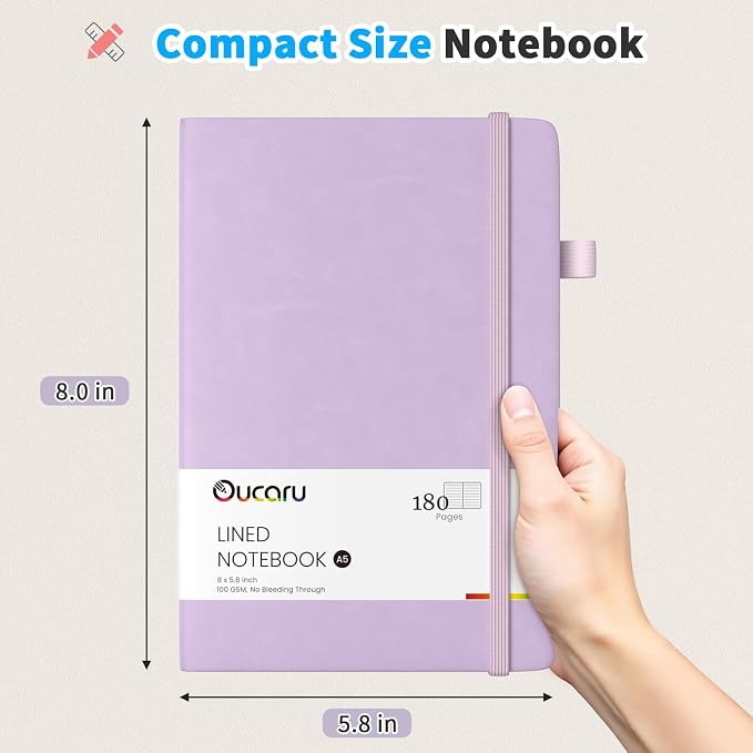 Oucaru 4 Pack A5 Lined Journal Notebook, 180 Pages 100 GSM Paper for Travel | 100 GSM Thick Paper No Bleed, 180 Lined Pages, 180° Lay Flat, Pen Holder, Back Pocket, 4 Pack Journal Set for Writing
