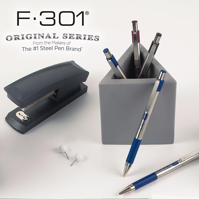 Zebra Pen STEEL F-301 Retractable Ballpoint Pen, Blue Ink, 0.7mm, 6-Pack | Stainless Steel Barrel, Non-Slip Grip, Easy-Glide Ink, Fine Point Tip, Includes a Bonus MILDLINER Highlighter (27193)
