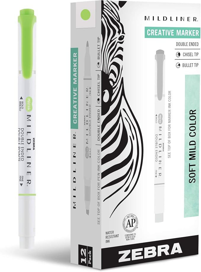 Zebra Pen MILDLINER No Bleed Highlighter, Green Color, Dual Tip, 12-Pack | Broad and Fine Point Tip Marker Set, Ideal for Bible Highlighting, Journaling, Office, School and Teacher Supplies (78140upc)