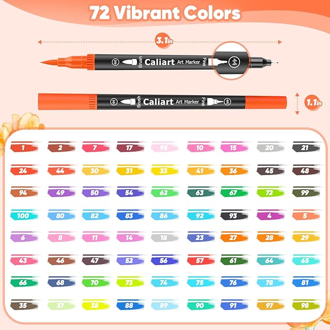 Caliart 72 Colors Double Tip Brush Pen Art Markers for Adult Coloring Books | Artist Fine & Brush Coloring Markers for Journaling Calligraphy Lettering Planners Drawing Teacher Office Art Supplies