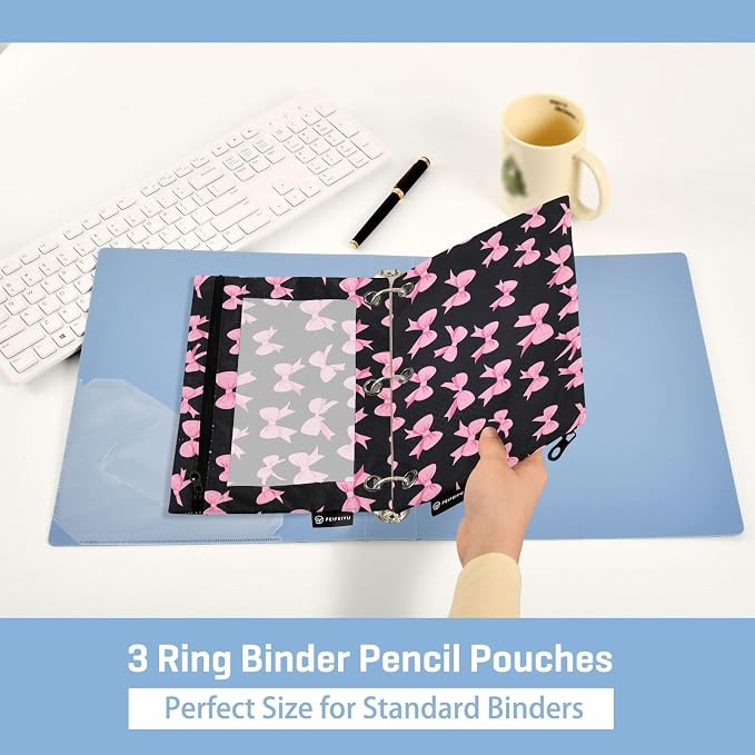 Pink Bow Black Pencil Pouch for 3 Ring Binder 2 Pack Zipper Binder Pencil Bag Case with Clear Window Office Supplies