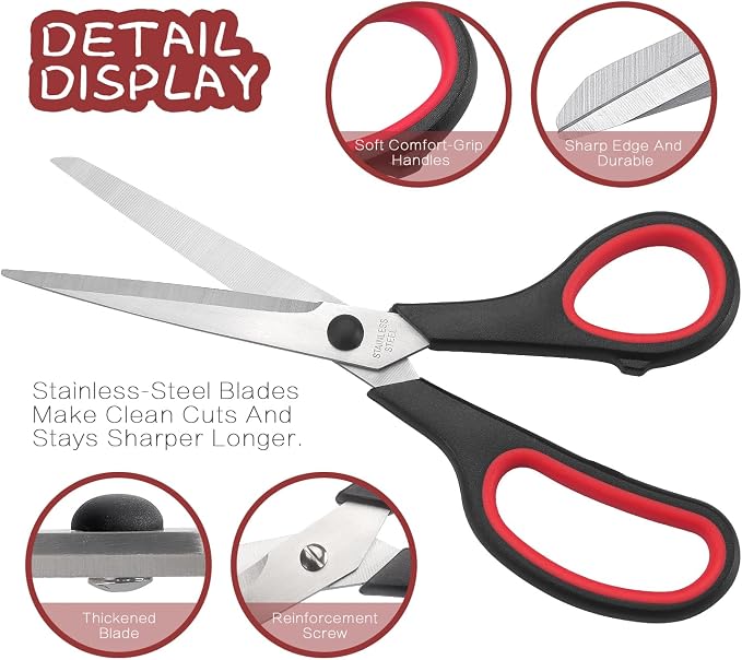 LONGKEY Scissors 8.5 Inch All Purpose with Stainless Steel Blades, 2 PCS | Scissors for Office Home School Art Crafts