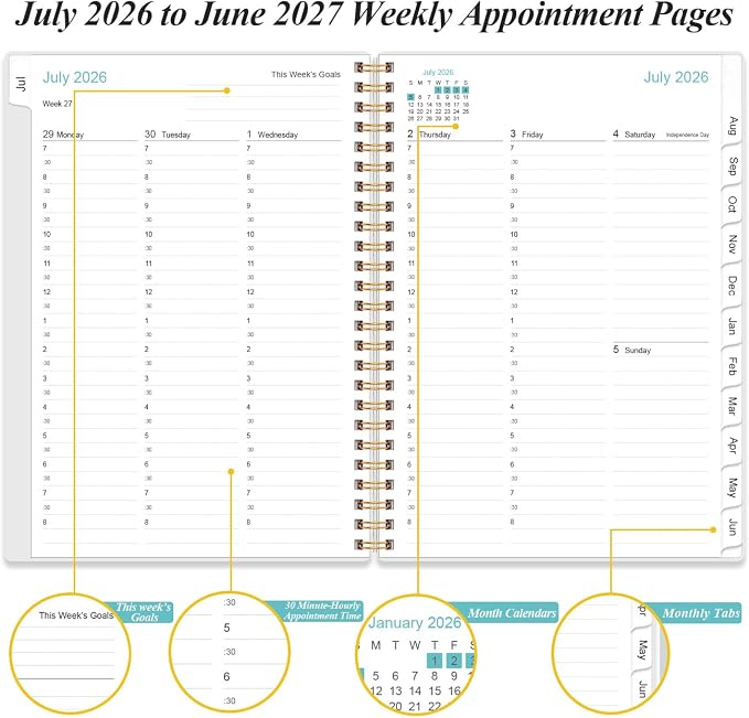 2026-2027 Appointment Book & Planner - 2026-2027 Daily Hourly Planner from July 2026 - June 2027, Weekly Appointment Book with 30-Minute Interval, Medium 6.4" x 8.5", Flower-A