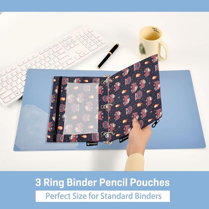 Fire Fighting Truck Binder Pouches 3 Ring for Boys Girls School Office College Supplies Cars Doodle Pattern Pencil Pouches Case Bag with Clear Window and Zipper 2 Pack