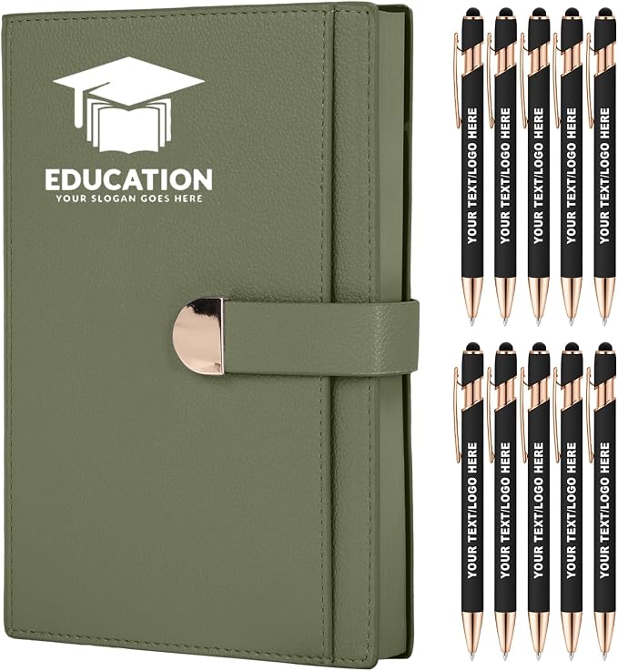Lined ENOMY Personalized Notebook Set with 10PC Pens Custom Journal with Pen Holder Personalized Jouring Notebook for Writing Men Women Gift, Green
