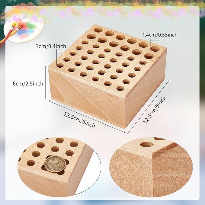 Beechwood Paint Brush Holder 42 Holes Paint Brush Storage Organizer Paintbrush Holder Organizer Wooden Block Pencil Holder for Makeup Brushes Pens and Art Tools