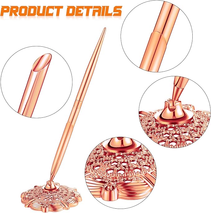 Outus 2 Pieces Wedding Pens for Guest Book Pen with Metal Hollow Round Holder Stand Set for Wedding Bridal Engagement Reception Supplies(Rose Gold)