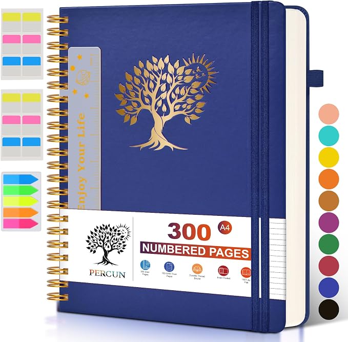 PERCUN Spiral Notebook 300 Numbered Lined Pages Hardcover Journal 8.5"x11" | College Ruled Spiral Bound Notebook with Tabs, A4 Large Leather Journal for Women Men, Work, School, Writing & Note Taking