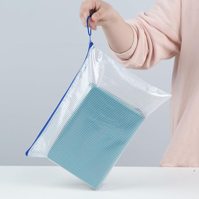 Koogel 5PCS Mesh Zipper Pouch Bags, A4, Waterproof File Folders, 5 Colors | Reusable PVC Plastic Pouches for Organizing Storage, Clear Mesh Bag for School, Office, Classroom Supplies