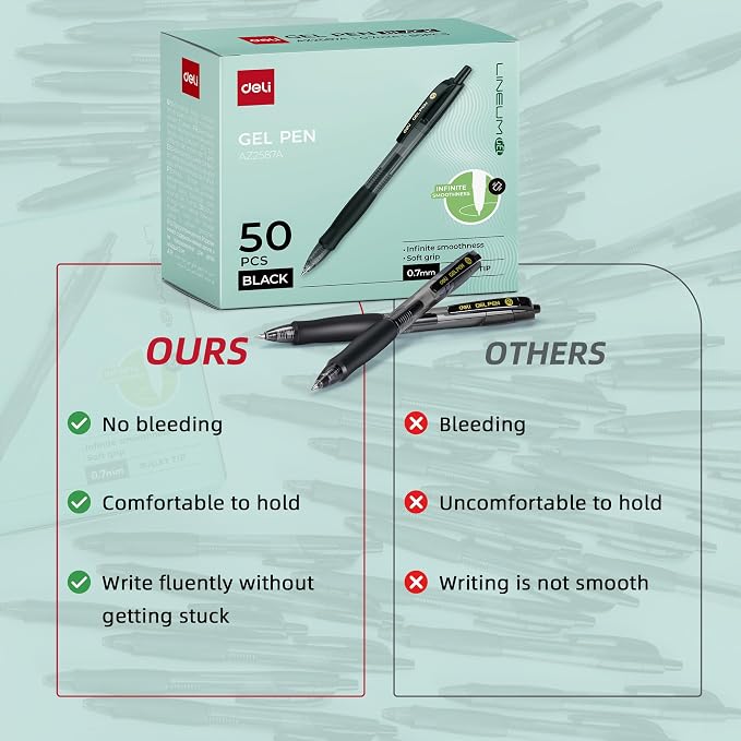 deli Pens Bulk, 50 Pcs Retractable Gel Pens Medium Point 0.7mm, Smooth Writing with Fast Dry Black Ink, No Bleed, Comfort Grip & Pocket Clip for School, Office, Home Supplies