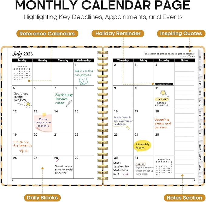 Planner 2026–2027, Weekly & Monthly Academic Organizer for School Year, Jul 2026–Jun 2027, Hardcover Planner with Tabs, Back to School Essential, 8.5" x 11", Leopard