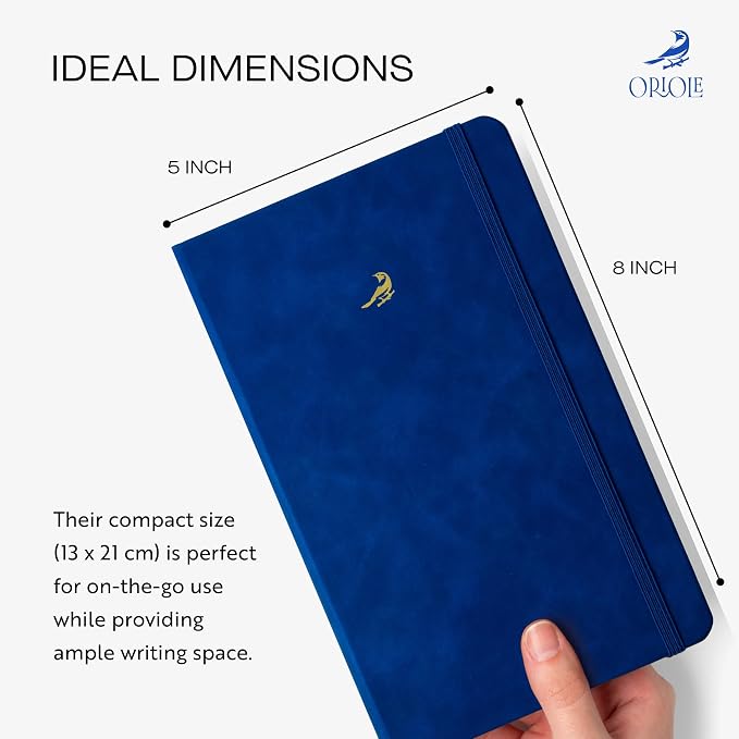 Oriole Vegan Leather Ruled Notebook - Deep Blue | 176 Pages of Thick Lined Paper | Soft Touch Hardcover Journal (5 x 8 in) with Gold Foil Bird Design & Luxury Gift Box