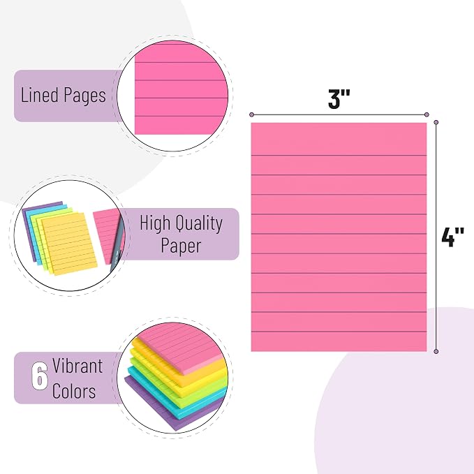 Mr. Pen- Lined Sticky Notes, 3" x 4", 6 Pads, 60 Sheets/Pad | Sticky Notes with Lines, Ruled Post Stickies, Memo Pads, Self-Stick Note Pad for Office, School, Home, Study