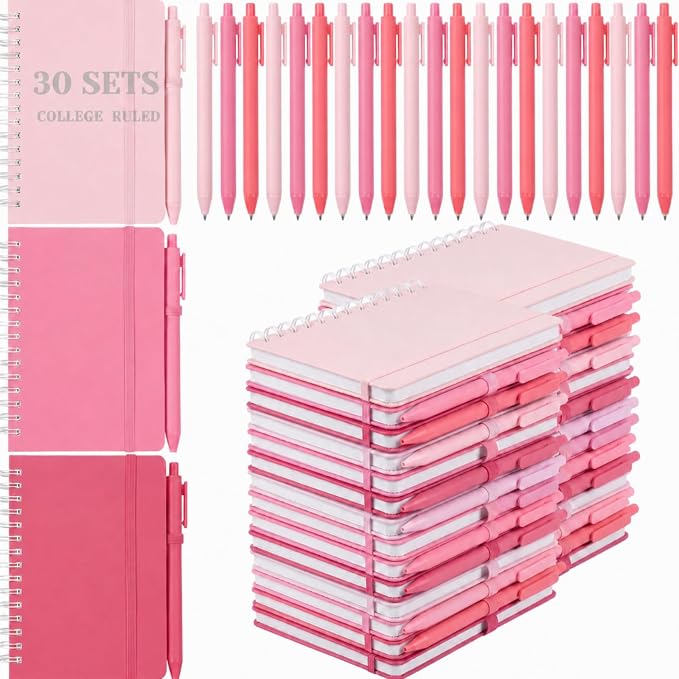 Fulmoon 30 Set Small Spiral Notebooks A6 with Pens Bulk, Multicolor 4" x 6" Pocket Notebooks Mini Lined Journals 50 Sheets for Back to School Supplies Students Gifts Rewards Office (Blush Petals)