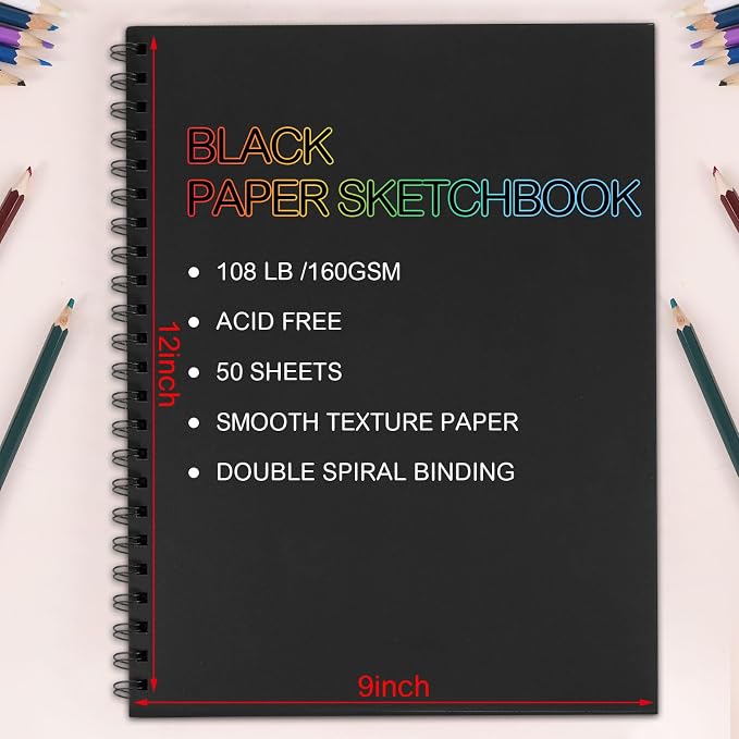 Black Paper Sketchbook 2 Pack, 9 × 12 in, 100 Sheets, 160gsm Spiral Bound | Acid-Free 108 Lb Black Paper, Left Spiral Tear-Out Pages, Hardcover for Drawing, Chalk, Gel Pens And Mixed Media