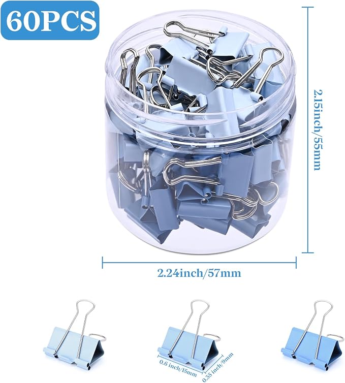 Temiary Aesthetic Binder Clips, Small Metal Binder Clip with Clear Storage Container, Binding Paperwork Clamps for School Teachers Office Supplies (Blue 0.6 Inch, 60P)