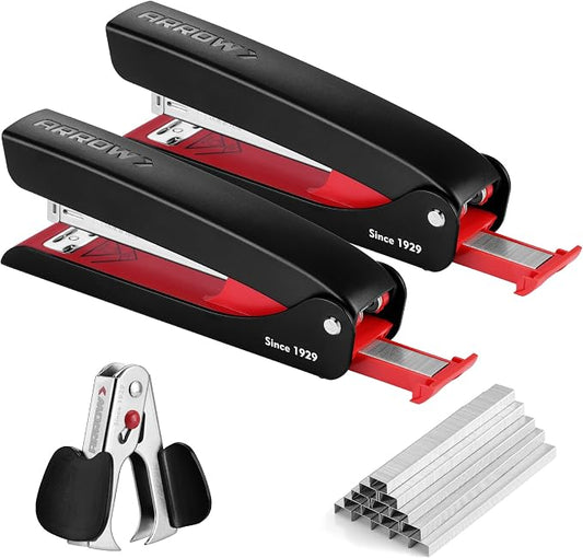 Arrow Full-Strip Stapler with Staples, 25 Sheets Capacity, 2-Pack Stapler with Staple Remover and 2520 Count 26/6 Staples, Built-in Storage, Open for Tacking, Non-Slip, for Office, School and Home