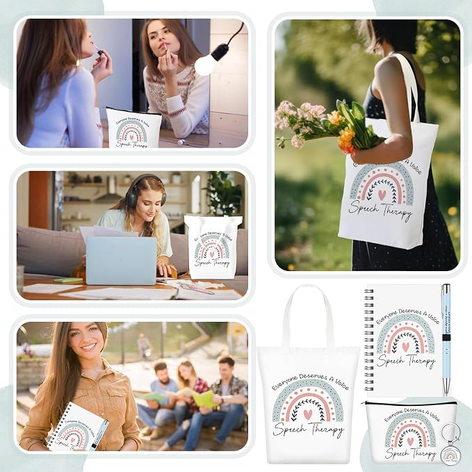 Watersay 5 Pcs Speech Therapy Gifts, Cosmetic Bag, Canvas Bag, Coil Notebook, Ballpoint Pen and Keychain for Women Office School Graduation Advocate Coworker Christmas Anniversaries Gift