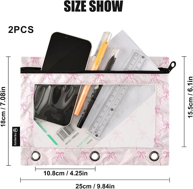 Wamika Bowknot Pink Binder Pouches 3 Ring for Boys Girls School Office College Supplies Cute Bow Ribbon Tie Pencil Pouches Case Bag with Clear Window and Zipper 2 pack