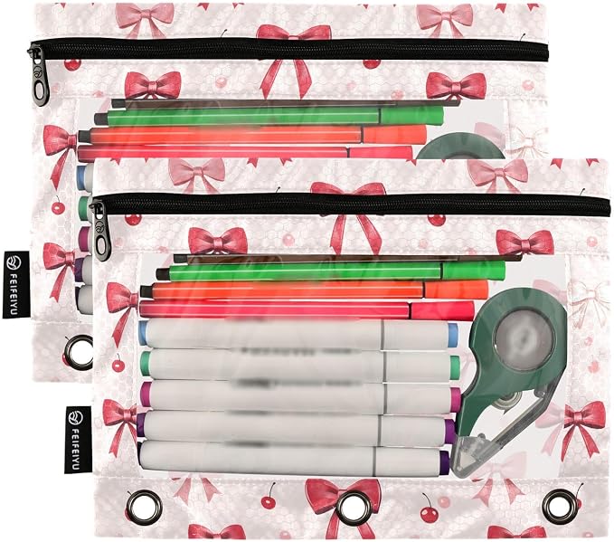 ALAZA Pencil Pouch for 3 Ring Binder, Red Bows Cherry Binder Pencil Pouches with Clear Window Zipper Pencil Case Cosmetic Bags for Office College Supplies, 2PCS