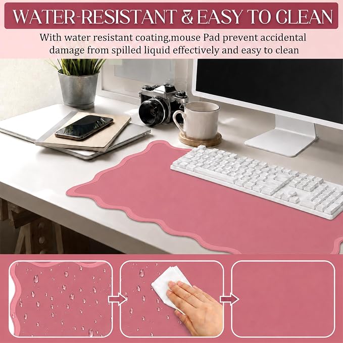 Hahafelt Scalloped Desk Mat Large Desk Pad Cute Coquette Table Mat Back to School Preppy Table Make up Pad Nonslip Graduation Gift with Stitching Waterproof Gaming(Dark Pink,31.5 x 15.8 Inches)