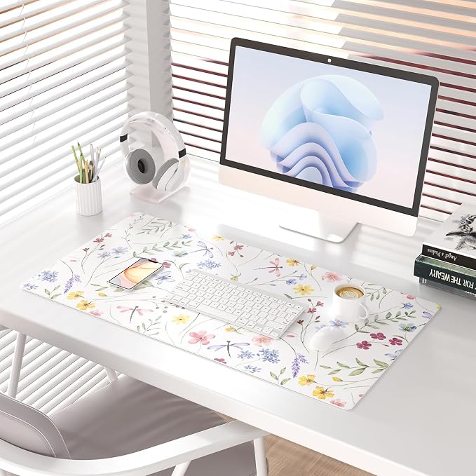 Colorful Star Floral Waterproof Office Desk Mat, 31.5" x 15.7" | Non-Slip Large Computer Gaming Mouse Pad, XXL PC Laptop Protector Pads, PU Leather Desk Writing Pads for Office Home