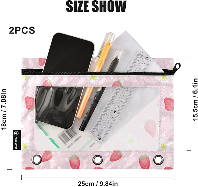 Strawberry Pink Floral Pencil Pouch Fits standard 3-ring binders, Zipper Binder Pencil Bag with Clear Window for Office 2 Pack