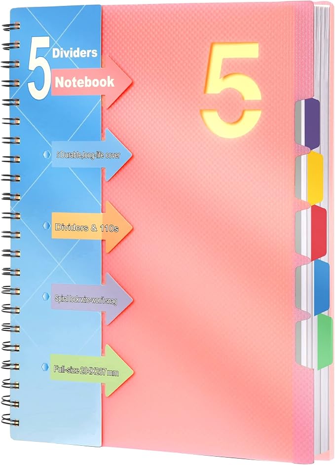 CAGIE 5 Subject Notebook 8.5 x 11, A4 Spiral Notebooks with Dividers Tabs | College Ruled 240 Pages Spiral Notebook for Note Taking, School, Work, Pink